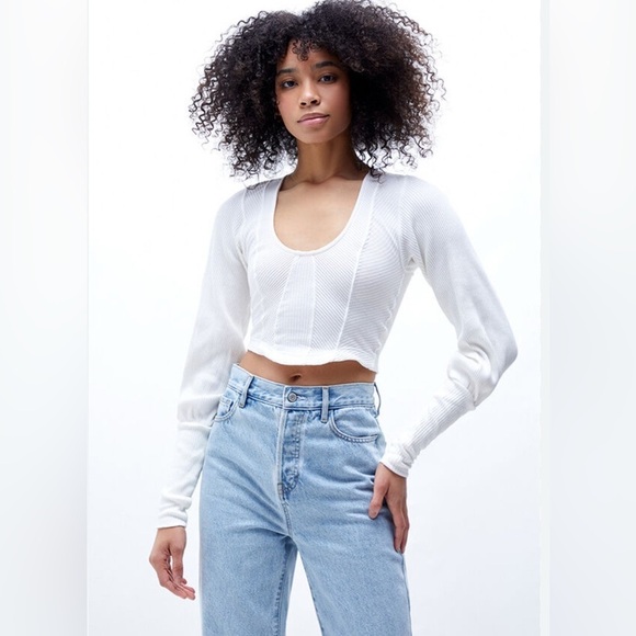 NWT Free People “Petra” long sleeve cotton seam detail white stretch crop top XS - Picture 1 of 3